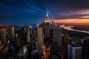 the empire state building is seen at sunset. AI-Generated photo