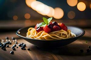 a plate of pasta with berries and berries on a wooden table. AI-Generated photo