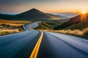 a long, winding road with the sun setting in the distance. AI-Generated photo