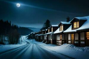 a snowy road at night with houses and a full moon. AI-Generated photo