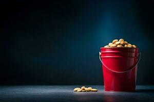 a red bucket filled with peanuts on a dark table. AI-Generated photo