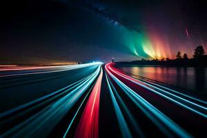 un largo exposición fotografía de un coche conducción mediante el noche cielo. generado por ai foto