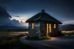un pequeño casa en el medio de un campo a noche. generado por ai foto