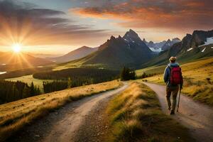 a man walks on a dirt road in the mountains. AI-Generated photo