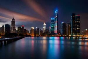 the city skyline at night in shanghai. AI-Generated photo