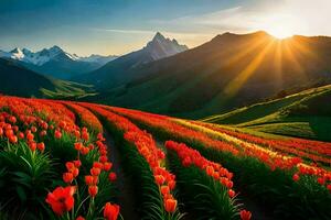 the sun shines over a field of red tulips. AI-Generated photo