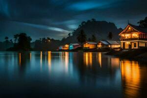 photo wallpaper the sky, night, the water, the house, the village, the river,. AI-Generated