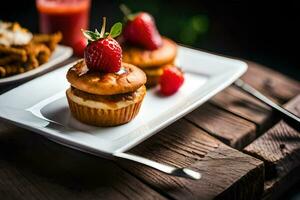 un plato con un magdalena y fresas en él. generado por ai foto