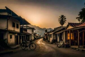 a bicycle is parked in front of a small village. AI-Generated photo