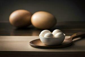 a bowl of eggs on a wooden table. AI-Generated photo