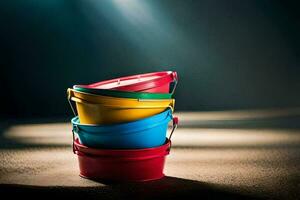 three colorful buckets on a dark background. AI-Generated photo