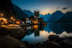 un Iglesia en el apuntalar de un lago a noche. generado por ai foto