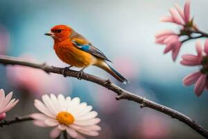 photo wallpaper the sky, flowers, bird, spring, the bird, spring, flowers, spring. AI-Generated