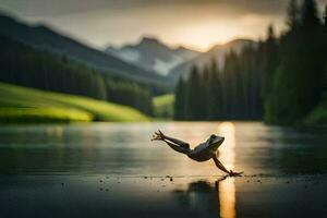 a person doing a handstand on the edge of a lake. AI-Generated photo