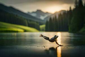 un persona haciendo un parada de manos en el borde de un lago. generado por ai foto