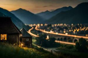 un casa en el montañas a oscuridad con luces en el la carretera. generado por ai foto