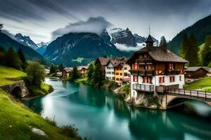 un río carreras mediante un montaña Valle con casas generado por ai foto