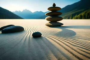 a stack of stones in the sand with mountains in the background. AI-Generated photo