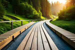 a wooden walkway in the forest with the sun shining. AI-Generated photo