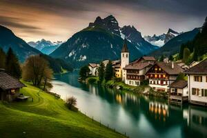 a beautiful mountain village with a river and mountains. AI-Generated photo