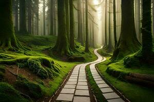 un camino mediante un verde bosque con cubierto de musgo arboles generado por ai foto