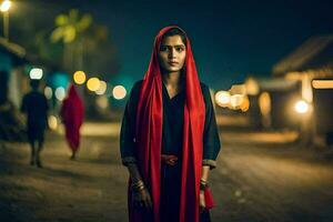 un mujer en un rojo chal en pie en el medio de un calle a noche. generado por ai foto