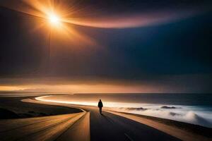 a man walks along the road in front of the ocean. AI-Generated photo
