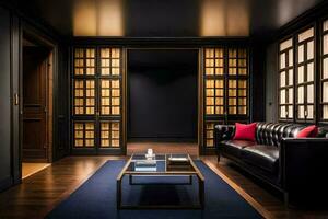 el vivo habitación tiene negro paredes y de madera pisos generado por ai foto