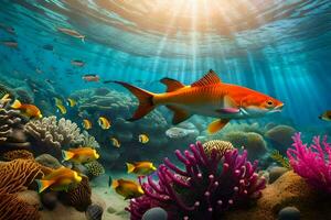 fish swimming in the ocean with coral reefs and other fish. AI-Generated photo