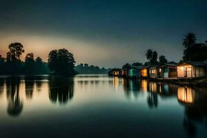 a row of houses on the water at dusk. AI-Generated photo