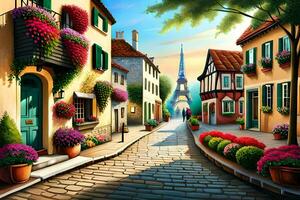 un pintura de un calle con flores y edificios generado por ai foto