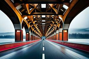 un largo exposición fotografía de un puente con un coche conducción en él. generado por ai foto