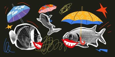 Collage design elements in trendy dotted pop art style. Retro halftone effect. Fishes with umbrellas. Vector isolated elements. Elements for banners, poster, social media.