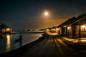 photo wallpaper the moon, night, beach, hut, boat, man, boat, moon,. AI-Generated
