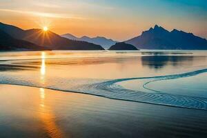 the sun is setting over a beach and mountains. AI-Generated photo