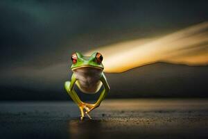 a frog is standing on the ground with its legs spread. AI-Generated photo