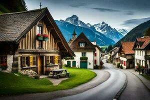 photo wallpaper the sky, mountains, road, house, village, road, house, village,. AI-Generated