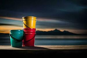 three colorful buckets sit on a wooden table near the ocean. AI-Generated photo