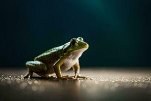 un rana sentado en un oscuro superficie con un ligero antecedentes. generado por ai foto