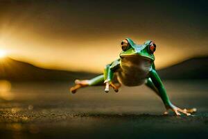 a frog jumping on the ground at sunset. AI-Generated photo