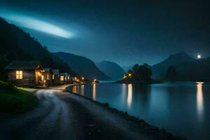 photo wallpaper the sky, night, moon, water, mountains, house, cabin, lake,. AI-Generated