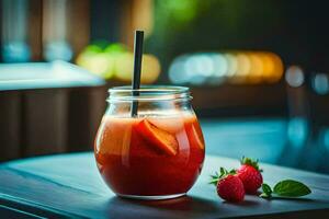 a glass of strawberry juice with a straw. AI-Generated photo