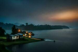 a small house sits on the shore of a lake at dusk. AI-Generated photo