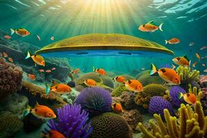 underwater scene with a ufo and fish. AI-Generated photo