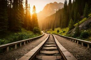 ferrocarril pistas en el montañas a puesta de sol. generado por ai foto