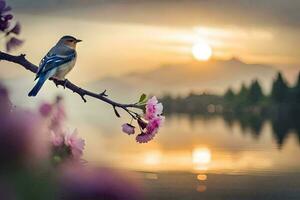 un pájaro se sienta en un rama en frente de un lago a puesta de sol. generado por ai foto
