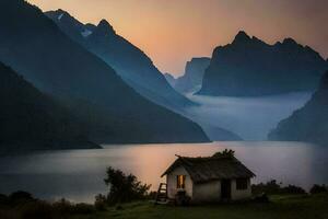 a small hut sits on the edge of a lake with mountains in the background. AI-Generated photo