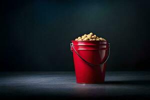 a red bucket filled with peanuts on a dark background. AI-Generated photo