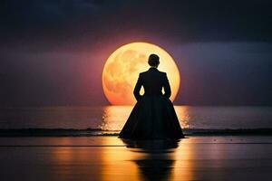 un mujer en un largo vestir soportes en el playa mirando a el lleno Luna. generado por ai foto