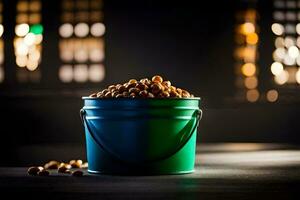 a bucket filled with nuts on a table. AI-Generated photo